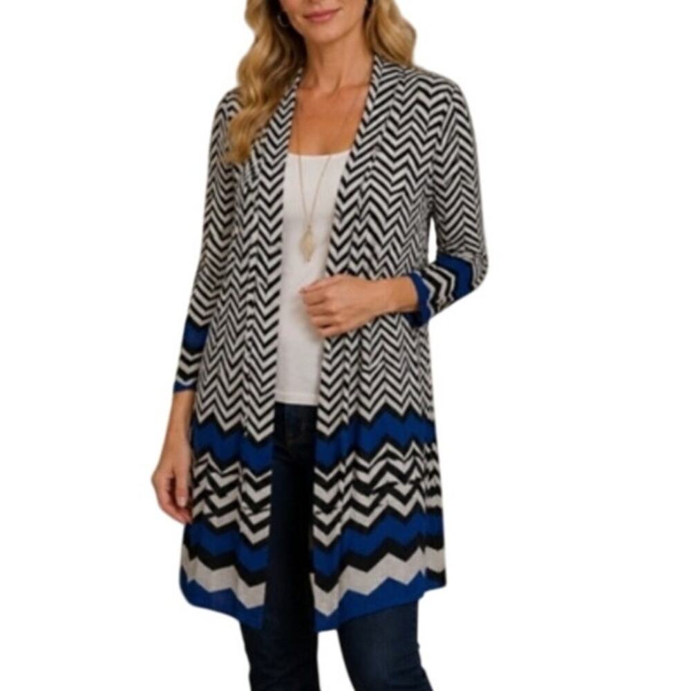 Chico's Cardigan Women Small (0) Black White Blue Chevron Open Front 3/4 Sleeve